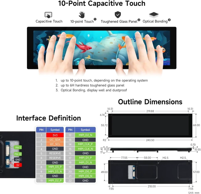 Alt view image 6 of 6 - Waveshare 8.8inch DSI Capacitive Touch Display, IPS Panel, 480 × 1920 Resolution, 10-Point Touch, Supports Backlight Adjustment Via Software