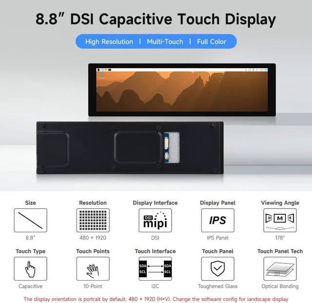 Alt view image 3 of 6 - Waveshare 8.8inch DSI Capacitive Touch Display, IPS Panel, 480 × 1920 Resolution, 10-Point Touch, Supports Backlight Adjustment Via Software