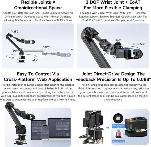 Alt view image 5 of 7 - Waveshare Robotic Arm Kit, Desktop Robot Kit, 5 + 1 DOF High-Torque Serial Bus Servo, Based On ESP32, Wireless Control, 2-DOF Wrist Joint, Compatible with LeRobot