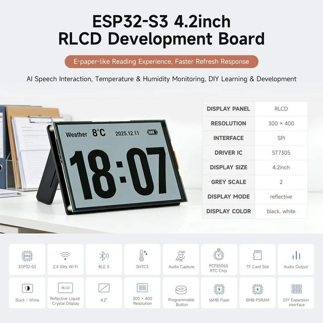 Alt view image 3 of 7 - Waveshare ESP32-S3 4.2inch RLCD Development Board, 300 × 400 Resolution, Supports W-F & BLE Dual-Mode Communication and AI Voice Interaction, No Batt