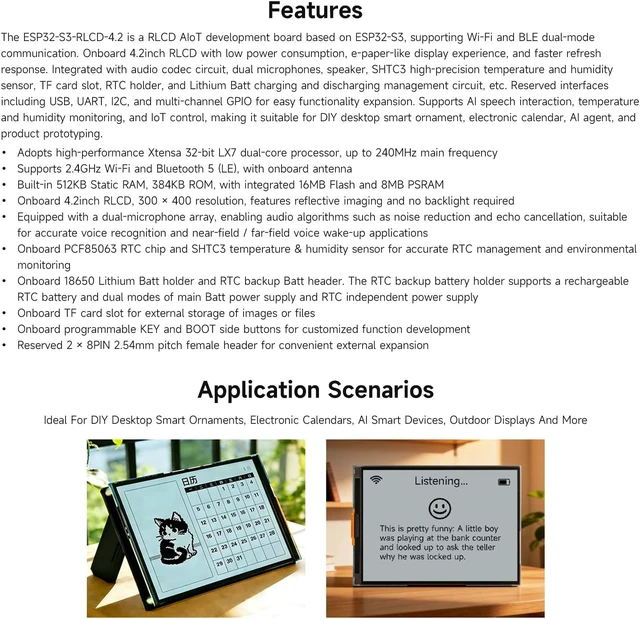 Alt view image 4 of 7 - Waveshare ESP32-S3 4.2inch RLCD Development Board, 300 × 400 Resolution, Supports W-F & BLE Dual-Mode Communication and AI Voice Interaction, No Batt