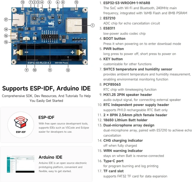 Alt view image 6 of 7 - Waveshare ESP32-S3 4.2inch RLCD Development Board, 300 × 400 Resolution, Supports W-F & BLE Dual-Mode Communication and AI Voice Interaction, No Batt