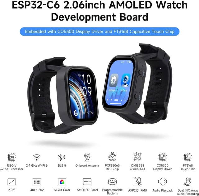Alt view image 3 of 7 - Waveshare ESP32-C6 2.06inch AMOLED Touch Watch Development Board, 410×502 Pixels, RISC-V 32-bit Processor, Supports Wi-Fi 6 / BLE5 / Zigbee, ESP32 with Display, Without BAT