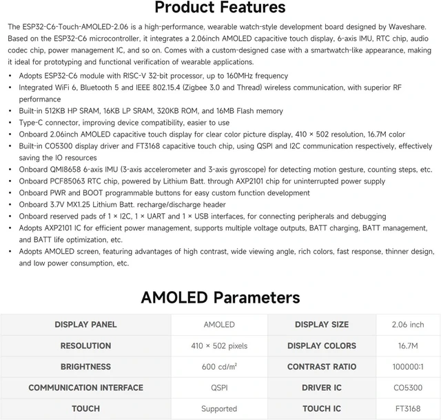 Alt view image 4 of 7 - Waveshare ESP32-C6 2.06inch AMOLED Touch Watch Development Board, 410×502 Pixels, RISC-V 32-bit Processor, Supports Wi-Fi 6 / BLE5 / Zigbee, ESP32 with Display, Without BAT