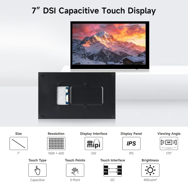 Alt view image 3 of 6 - Waveshare 7inch DSI Capacitive Touch Display Compatible with Raspberry Pi OS, 1024 × 600 Pixels, IPS Panel, 5-Point Touch, Supports Backlight Adjustment Via Software