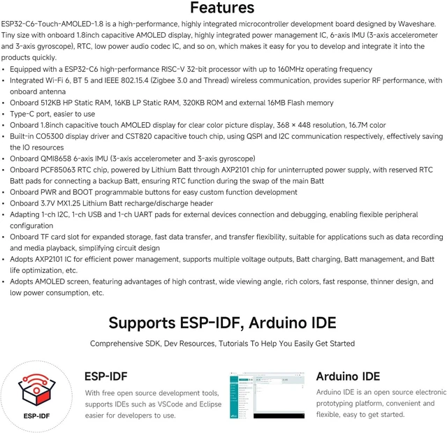 Alt view image 4 of 7 - Waveshare ESP32-C6 1.8inch Touch AMOLED Display Development Board, 368 × 448 Resolution, Supports Wi-F 6, BLE 5 and Zigbee,No Batt