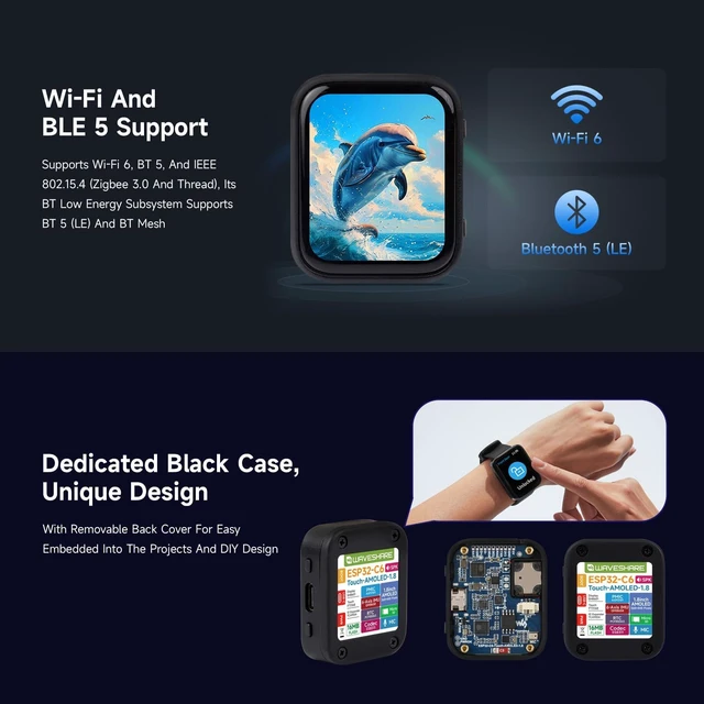 Alt view image 7 of 7 - Waveshare ESP32-C6 1.8inch Touch AMOLED Display Development Board, 368 × 448 Resolution, Supports Wi-F 6, BLE 5 and Zigbee,No Batt