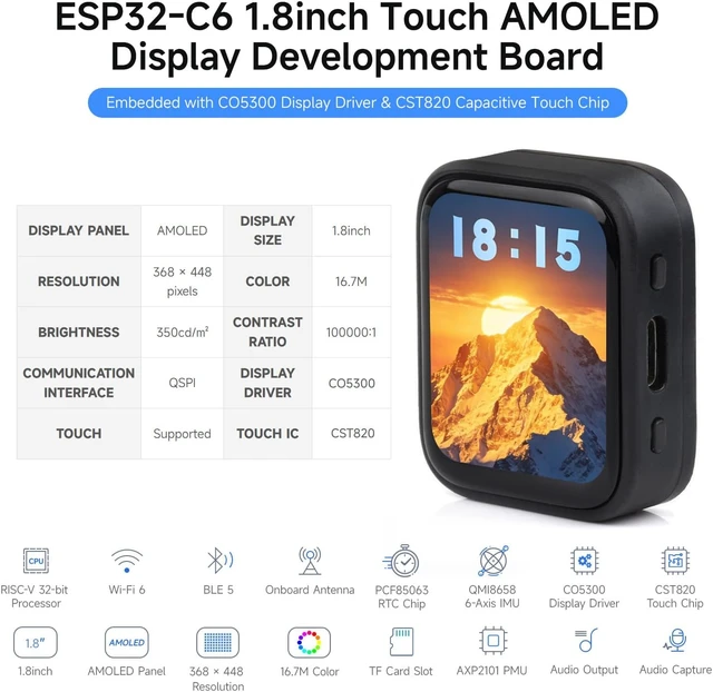 Alt view image 3 of 7 - Waveshare ESP32-C6 1.8inch Touch AMOLED Display Development Board, 368 × 448 Resolution, Supports Wi-F 6, BLE 5 and Zigbee,No Batt