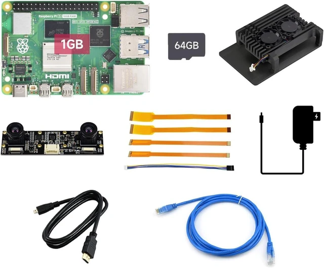 Main image of Waveshare RPI5-1GB Dual-Camera Kit C,Bundle with Raspberry pi 5 1GB, Equipped with IMX219-83 Binocular Camera (8MP, with FPC Cables and PH2.0 Cable), 64GB TF Card, Aluminium Alloy case and so on