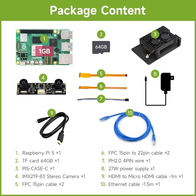 Alt view image 2 of 7 - Waveshare RPI5-1GB Dual-Camera Kit C,Bundle with Raspberry pi 5 1GB, Equipped with IMX219-83 Binocular Camera (8MP, with FPC Cables and PH2.0 Cable), 64GB TF Card, Aluminium Alloy case and so on
