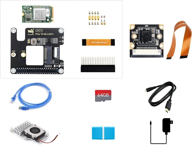 Main image of Waveshare PI5 AI Accessories, Compatible with Raspberry Pi 5, Bundle with Hailo-8 Acce A, PI5-IMX219-77 Camera, 64GB TF Card, Cooler, Cable and so on (8 Items)