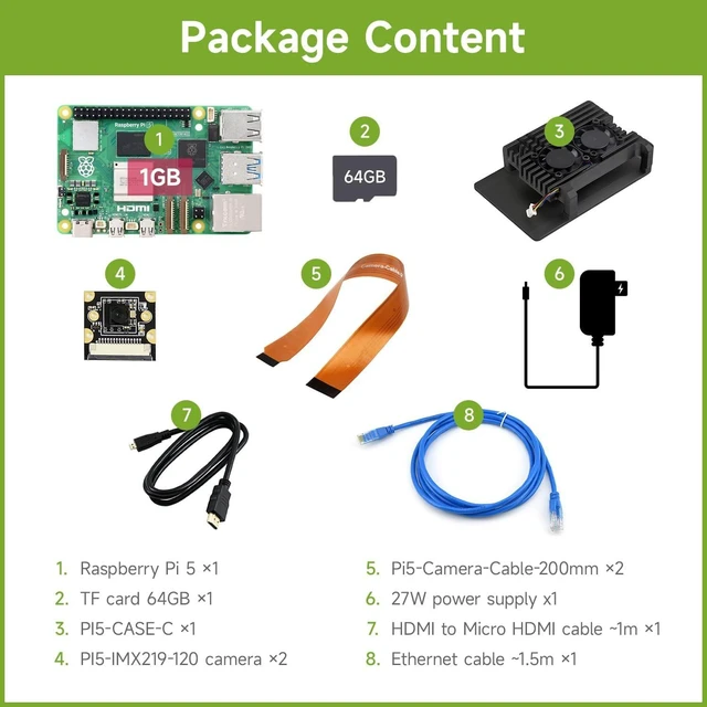 Alt view image 2 of 7 - Waveshare RPI5-1GB Dual-Camera Kit B,Bundle with Raspberry pi 5 1GB, Equipped with 2× IMX219-120 Camera (120° FOV, 8MP, with CSI Cable), 64GB TF Card, Aluminium Alloy case and so on