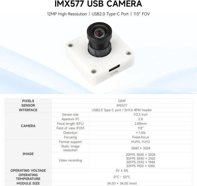 Alt view image 3 of 5 - Waveshare IMX577 12MP USB Camera (A), 3840 × 3024 Resolution, 113° FOV, Distortion-Free, Plug and Play