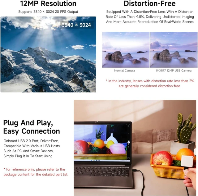 Alt view image 4 of 5 - Waveshare IMX577 12MP USB Camera (A), 3840 × 3024 Resolution, 113° FOV, Distortion-Free, Plug and Play