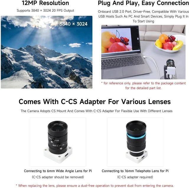 Alt view image 4 of 5 - Waveshare IMX577 12MP USB Camera (B), 3840 × 3024 Resolution, Plug and Play, Supports C/CS Lenses
