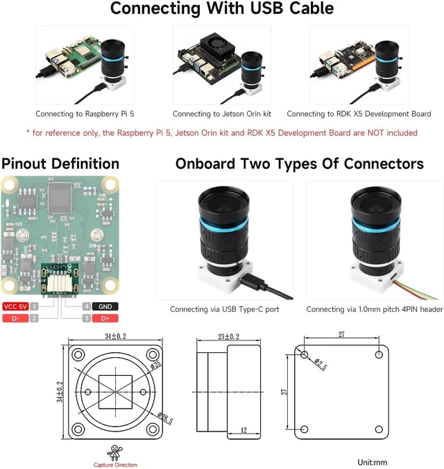 Alt view image 5 of 5 - Waveshare IMX577 12MP USB Camera (B), 3840 × 3024 Resolution, Plug and Play, Supports C/CS Lenses