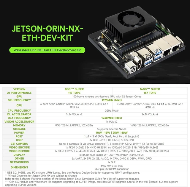 Alt view image 3 of 7 - Waveshare Jetson Orin NX AI Dual ETH Development Kit for Embedded and Edge Systems, Bundle with 8GB Memory Jetson Orin NX Module