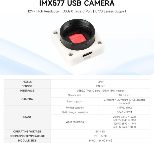 Alt view image 3 of 5 - Waveshare IMX577 12MP USB Camera (B), 3840 × 3024 Resolution, Plug and Play, Supports C/CS Lenses