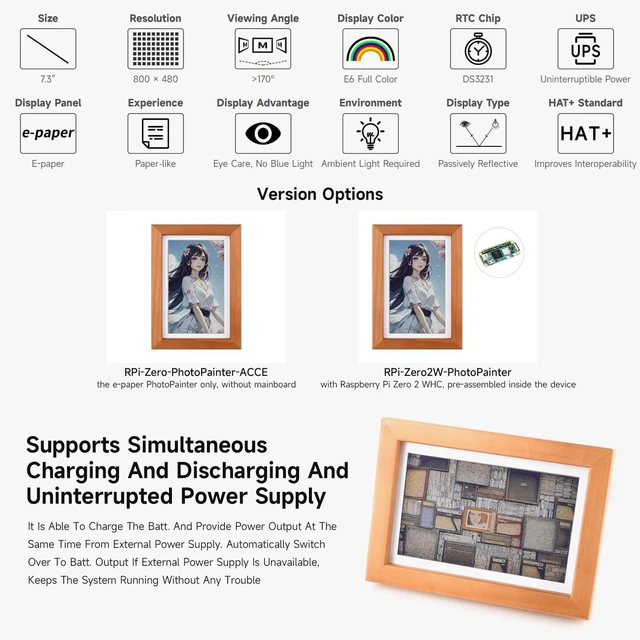Alt view image 4 of 7 - Waveshare 7.3inch E6 Full Color E-Paper with Solid Wood Photo Frame, Compatible with Raspberry Pi Zero, Ultra-Long Standby, 800 × 480 Resolution, with Batt