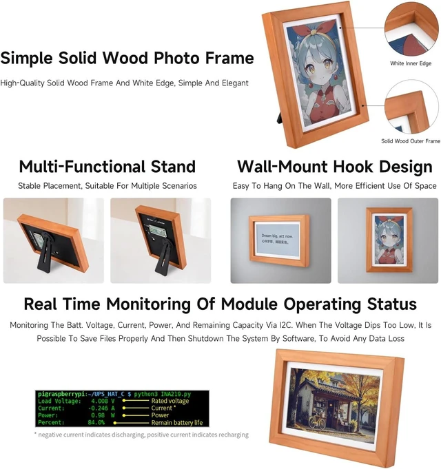 Alt view image 5 of 7 - Waveshare 7.3inch E6 Full Color E-Paper with Solid Wood Photo Frame, Compatible with Raspberry Pi Zero, Ultra-Long Standby, 800 × 480 Resolution, with Batt
