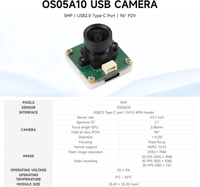 Alt view image 3 of 5 - Waveshare OS05A10 5MP USB Camera (A), Supports USB2.0 Type-C Port and SH1.0 4PIN Header