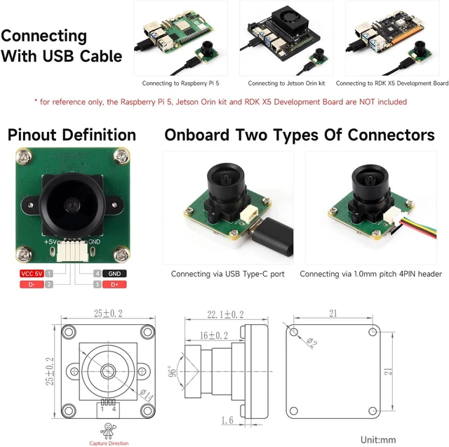 Alt view image 5 of 5 - Waveshare OS05A10 5MP USB Camera (A), Supports USB2.0 Type-C Port and SH1.0 4PIN Header