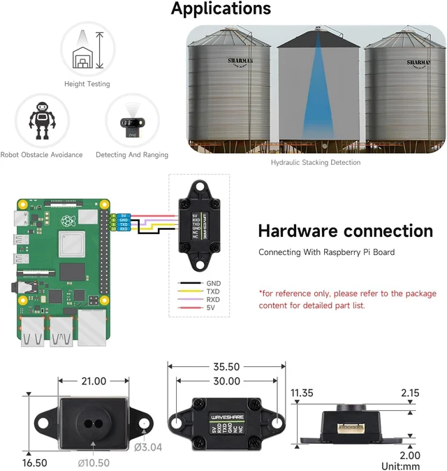 Alt view image 6 of 6 - Waveshare TOF (time of flight) Laser Range Sensor, Based on D-TOF Single-Point Laser Sensor, UART Communication Support