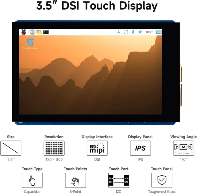 Alt view image 3 of 6 - Waveshare 3.5inch DSI Capacitive Touch Display, 5-Point Touch, 480 × 800 Pixels, IPS Display Panel, Supports Raspberry Pi Series Boards