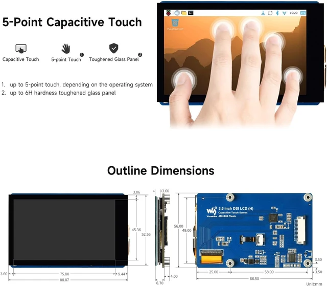 Alt view image 6 of 6 - Waveshare 3.5inch DSI Capacitive Touch Display, 5-Point Touch, 480 × 800 Pixels, IPS Display Panel, Supports Raspberry Pi Series Boards