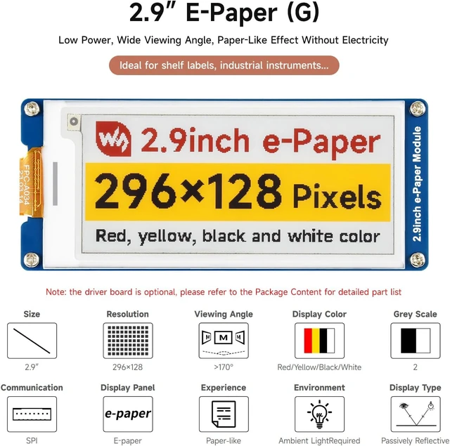 Alt view image 3 of 6 - waveshare 2.9inch E-Paper Display (G), E-Ink Display, 296x128, Red/Yellow/Black/White, SPI Interface, with Driver Board