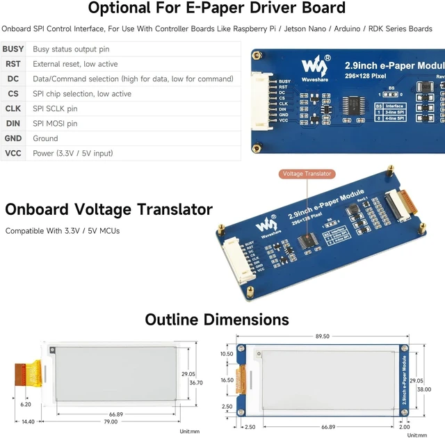 Alt view image 6 of 6 - waveshare 2.9inch E-Paper Display (G), E-Ink Display, 296x128, Red/Yellow/Black/White, SPI Interface, with Driver Board