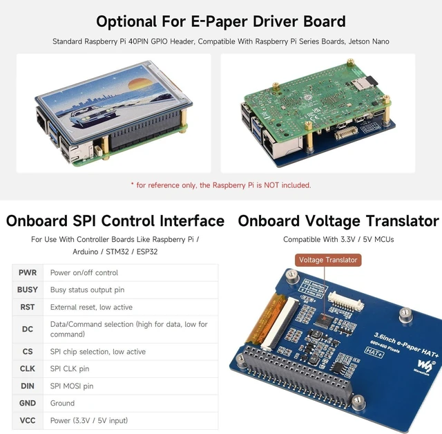 Alt view image 7 of 7 - Waveshare 3.6inch E Ink Spectra 6 (E6) Full Color E-Paper Display, 600×400 Pixels, SPI Communication, with HAT+ Standard Driver Board, E-Ink Display