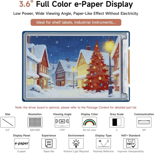 Alt view image 3 of 7 - Waveshare 3.6inch E Ink Spectra 6 (E6) Full Color E-Paper Display, 600×400 Pixels, SPI Communication, with HAT+ Standard Driver Board, E-Ink Display
