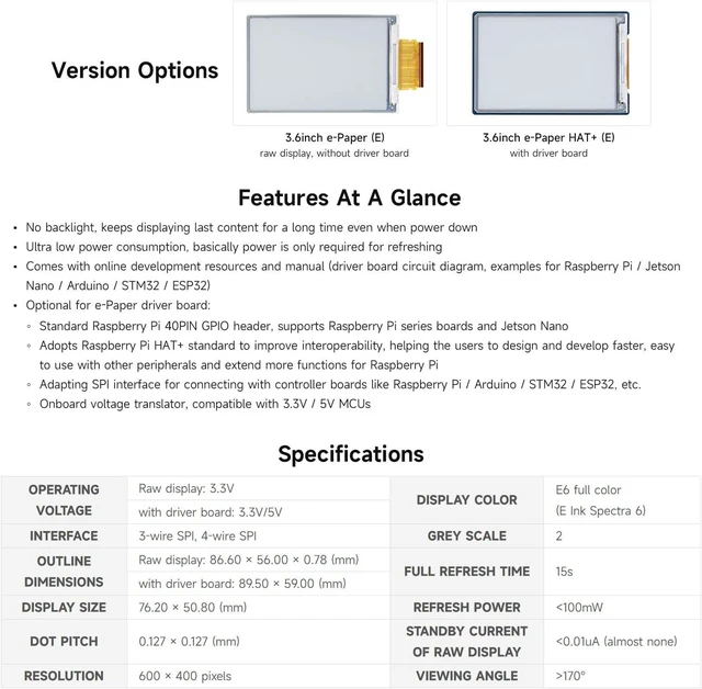 Alt view image 4 of 7 - Waveshare 3.6inch E Ink Spectra 6 (E6) Full Color E-Paper Display, 600×400 Pixels, SPI Communication, with HAT+ Standard Driver Board, E-Ink Display