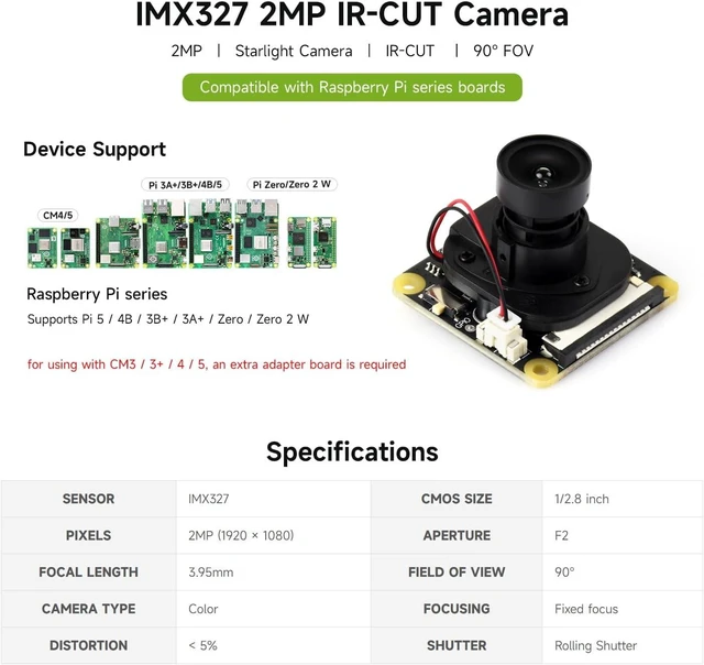 Alt view image 3 of 5 - Waveshare IMX327 2MP IR-Cut Camera, Starlight Camera Sensor, Fixed-Focus, 90° Diagonal FOV, Compatible with Raspberry Pi Series Boards