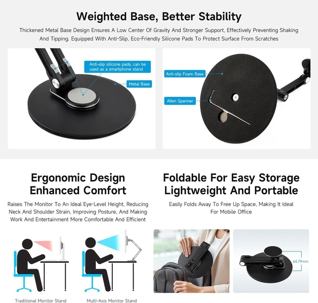Alt view image 5 of 6 - Waveshare Magnetic N52 Neodymium Magnet Portable Monitor Adjustable Stand, Compatible with 4~18.5inch Monitors, Supports Multi-axis Rotation, comes with Magnetic metal rings, Foldable For Easy Storage
