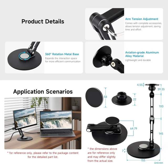 Alt view image 6 of 6 - Waveshare Magnetic N52 Neodymium Magnet Portable Monitor Adjustable Stand, Compatible with 4~18.5inch Monitors, Supports Multi-axis Rotation, comes with Magnetic metal rings, Foldable For Easy Storage