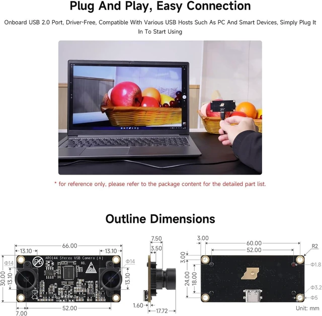 Alt view image 5 of 5 - Waveshare AR0144 2MP Stereo USB Camera Module, AR0144 Sensor Chip, USB2.0 Port, Synchronized Same-Frame Output, 52mm Baseline, Featuring Distortion-Free Lenses