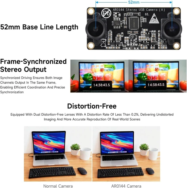 Alt view image 4 of 5 - Waveshare AR0144 2MP Stereo USB Camera Module, AR0144 Sensor Chip, USB2.0 Port, Synchronized Same-Frame Output, 52mm Baseline, Featuring Distortion-Free Lenses