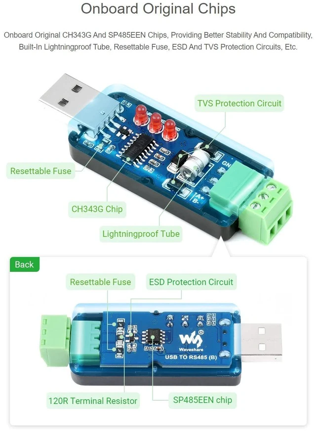 Alt view image 6 of 7 - Waveshare 3PCS Industrial USB to RS485 Bidirectional Converter Onboard Original CH343G Multi-Protection Circuits