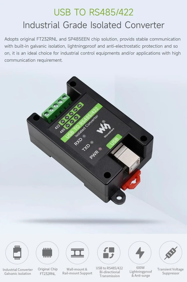 Alt view image 3 of 7 - Waveshare 2PCS USB to RS485/422 Industrial Grade Isolated Converter, Onboard Original FT232RL and SP485EEN, Multiple Protection, Wall-Mount and Rail-Mount Support