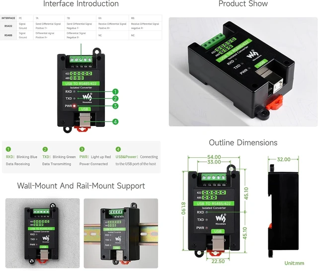 Alt view image 7 of 7 - Waveshare 2PCS USB to RS485/422 Industrial Grade Isolated Converter, Onboard Original FT232RL and SP485EEN, Multiple Protection, Wall-Mount and Rail-Mount Support