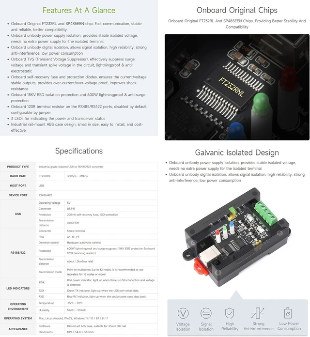 Alt view image 4 of 7 - Waveshare 2PCS USB to RS485/422 Industrial Grade Isolated Converter, Onboard Original FT232RL and SP485EEN, Multiple Protection, Wall-Mount and Rail-Mount Support