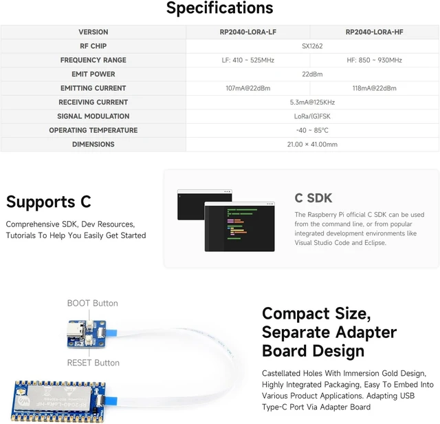 Alt view image 5 of 7 - Waveshare 2PCS RP2040-LoRa Development Board, Integrates SX1262 RF Chip, Long-Range Communication, HF Kit, Bundle with USB Type-C Adapter Board and 8PIN FPC Cable ~15cm