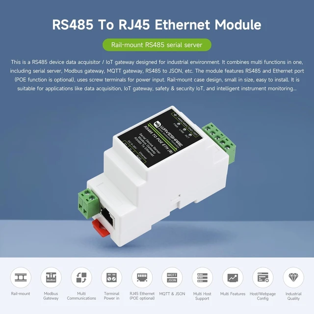 Alt view image 3 of 7 - Waveshare 3PCS Industrial Serial Server RS485 to RJ45 Ethernet TCP/IP to Serial Rail-Mount Support with PoE Ethernet Port + Electrical Isolation