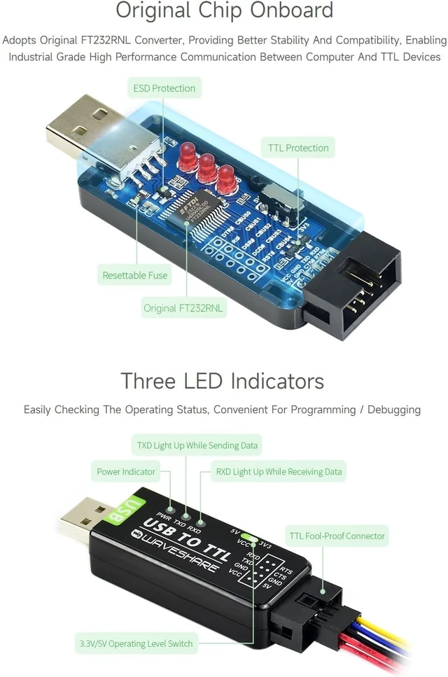 Alt view image 5 of 6 - waveshare Industrial USB to TTL Converter with Original FT232RNL Onboard and Multi Protection Circuits Support Multi Systems Support Win7/8/8.1/10/11, Mac, Linux, Android, Wince-2PCS