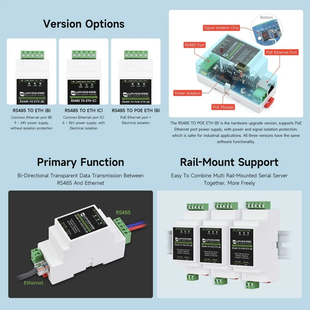 Alt view image 4 of 7 - Waveshare 3PCS Industrial Serial Server RS485 to RJ45 Ethernet TCP/IP to Serial Rail-Mount Support with PoE Ethernet Port + Electrical Isolation