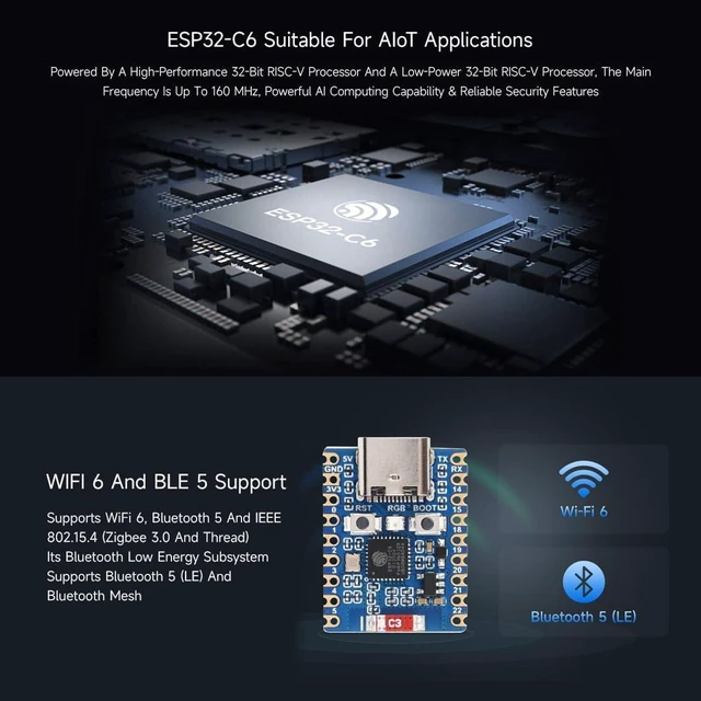 Alt view image 5 of 7 - Waveshare 2PCS ESP32-C6 Mini Development Board, Based On ESP32-C6FH8, Dual Processors, 160MHz Running Frequency, 2.4GHz Wi-Fi 6 & BLE 5, ESP32 Development Board, with Pre-soldered Header