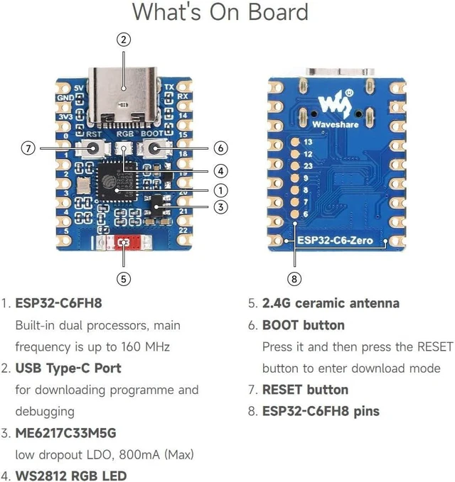 Alt view image 7 of 7 - Waveshare 2PCS ESP32-C6 Mini Development Board, Based On ESP32-C6FH8, Dual Processors, 160MHz Running Frequency, 2.4GHz Wi-Fi 6 & BLE 5, ESP32 Development Board, with Pre-soldered Header