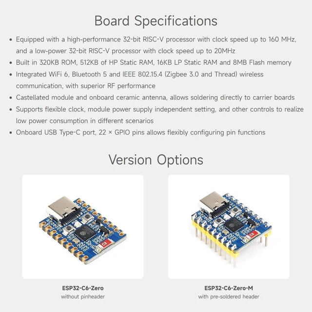 Alt view image 4 of 7 - Waveshare 2PCS ESP32-C6 Mini Development Board, Based On ESP32-C6FH8, Dual Processors, 160MHz Running Frequency, 2.4GHz Wi-Fi 6 & BLE 5, ESP32 Development Board, with Pre-soldered Header